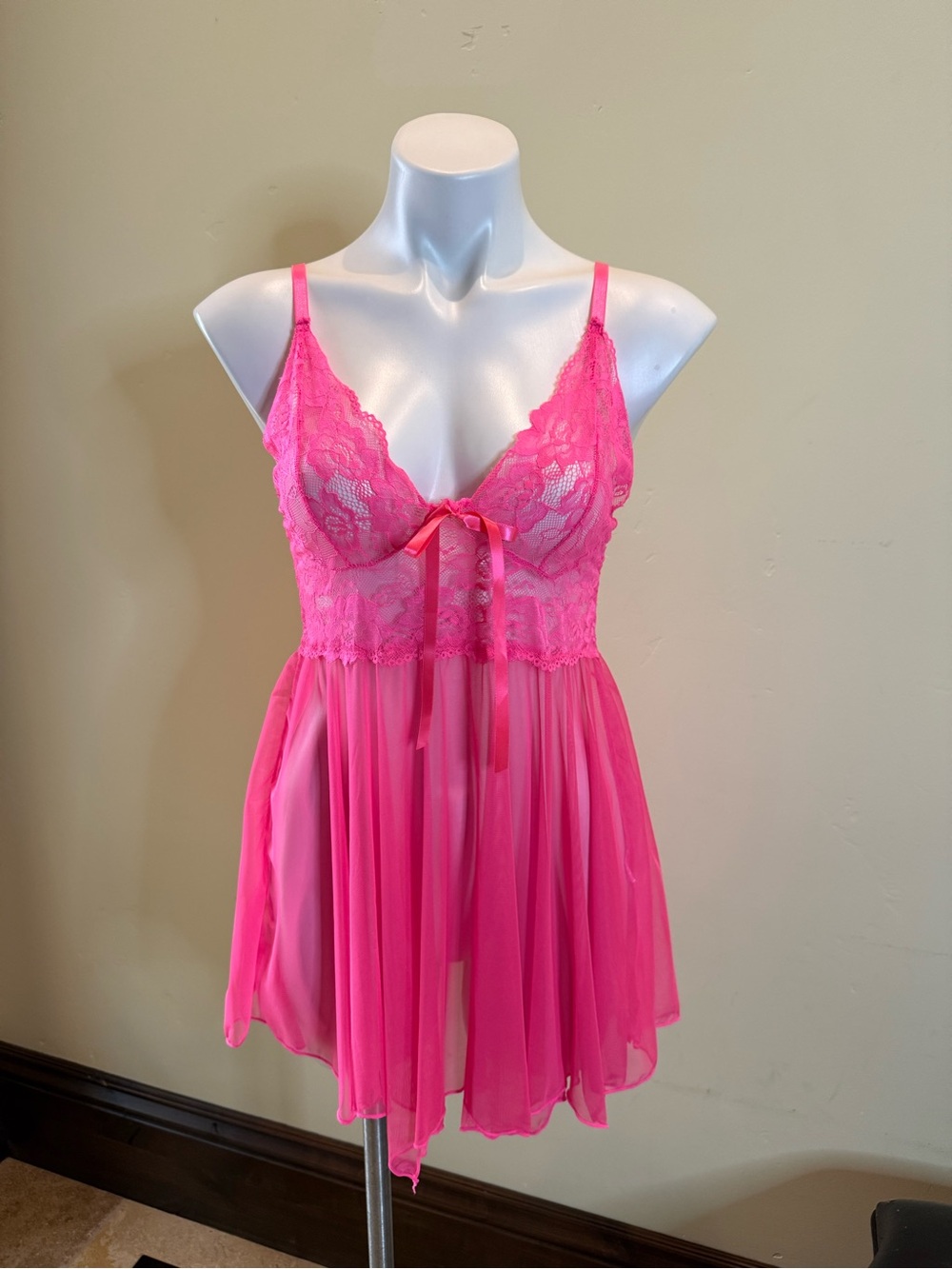 Sheer Lace & Chiffon Chemise in Hot Pink